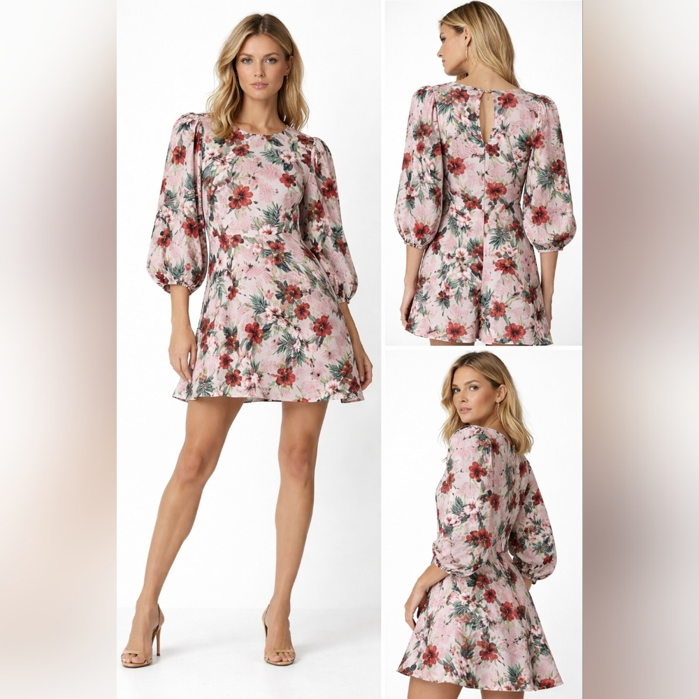 Nwt LES RÊVERIES Floral Silk Mini Dress Blouson Puff Sleeves Hibiscus Palms - Picture 10 of 10